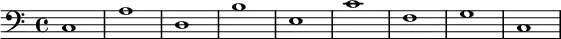 {
        \new Staff <<
            \new Voice \relative c' {
                \stemDown \clef bass \key c \major \time 4/4 \tempo 1 = 60 \set Score.tempoHideNote = ##t
                c,1 a' d, b' e, c' f, g c,
                }
            >>
     }