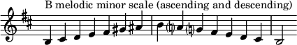 {
\omit Score.TimeSignature \relative c' {
  \key b \minor \time 7/4 b^"B melodic minor scale (ascending and descending)" cis d e fis gis ais b a? g? fis e d cis b2
} }
