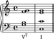 \new PianoStaff <<
      \new Staff <<
         \relative c' {
             \voiceOne \clef treble \key c \major \time 4/4
             <f g>1 <e g> 
             }
            >>
     \new Staff <<
         \new Voice \relative c' {
             \clef bass \key c \major \time 4/4
             <g b>_\markup { \concat { "V" \raise #1 \small "7" \hspace #6 "I" } } <c, c'> \bar "||"
             }
         >>
    >>