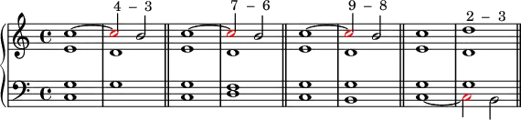 \new PianoStaff <<
      \new Staff <<
         \new Voice \relative c'' {
             \stemUp \clef treble \key c \major \time 4/4
             c1^~ \once \override NoteHead.color = #red c2^\markup { " 4  –  3" } b2
             c1^~ \once \override NoteHead.color = #red c2^\markup { " 7  –  6" } b2
             c1^~ \once \override NoteHead.color = #red c2^\markup { " 9  –  8" } b2
             c1 d^\markup { " 2  –  3" } 
             }
         \new Voice \relative c' {
             \stemDown
              e1 d
              e d
              e d
              e d
              }
            >>
     \new Staff <<
         \new Voice \relative c' {
             \clef bass \key c \major \time 4/4
             \stemUp g1 s
             g f
             g g
             g g
             }
         \new Voice \relative c {
             \clef bass \key c \major \time 4/4
             \stemDown c1 g' \bar "||"
             c, d \bar "||"
             c b \bar "||"
             c_~ \once \override NoteHead.color = #red c2 b \bar "||"
             }
         >>
    >>