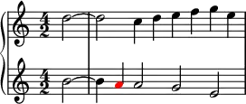 \new PianoStaff <<
      \new Staff <<
         \relative c'' {
             \clef treble \key c \major \time 4/2
             \partial2 d2~ d c4 d e f g e
             }
            >>
     \new Staff <<
         \relative c'' {
             \clef treble \key c \major \time 4/2
             \partial2 b2~ b4 \once \override NoteHead.color = #red a a2 g e
             }
         >>
    >>