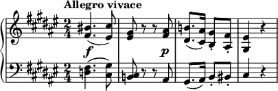 {
      \new PianoStaff <<
        \new Staff <<
            \relative c' {
                \tempo "Allegro vivace"
                \clef treble \key fis \major \time 2/4
                \override DynamicLineSpanner.staff-padding = #2.8
                <fis bis>4.(\f <eis cis'>8)
                <eis gis> r r <fis ais>\p
                <dis b'!>8.( <cis ais'>16) <b gis'>8-. <ais fis'>-.
                <gis eis'>4 r
                }
            >>
        \new Staff <<
            \relative c {
                \clef bass \key fis \major \time 2/4
                <d fis>4.( <cis gis'>8)
                <b! cis> r r ais
                gis8.( ais16) b8-. bis-.
                cis4 r
                }
            >>
    >> }