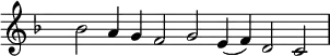 { \key f \major 
\set Score.tempoHideNote = ##t
\tempo 2=72
\set Staff.midiInstrument = "english horn"
\override Score.TimeSignature #'transparent = ##t 
\override Score.BarNumber  #'transparent = ##t
\time 7/2
bes'2 a'4 g' f'2 g' e'4 (f') d'2 c'
}