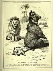 Cartoon from the English satirical magazine Punch, or The London Charivari. With the Russian Bear sitting on the tail of the Persian cat while the British Lion looks on, it represents a phase of The Great Game. The caption reads: "AS BETWEEN FRIENDS. British Lion (to Russian Bear). 'IF WE HADN'T SUCH A THOROUGH UNDERSTANDING I MIGHT ALMOST BE TEMPTED TO ASK WHAT YOU'RE DOING THERE WITH OUR LITTLE PLAYFELLOW.'"