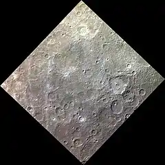 Approximate color image of the surface of Mercury.  The prominent crater at right is Hawthorne.