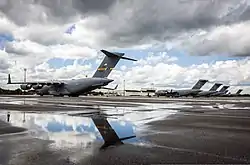 US Air Force C-17 Globemaster III aircraft assigned to the 437th Airlift Wing sit on the flight line at Joint Base Charleston during 2013. 2013.