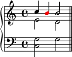 \new PianoStaff <<
      \new Staff <<
         \new Voice \relative c'' {
             \stemUp \clef treble \key c \major \time 4/4
             c4 \once \override NoteHead.color = #red b b2
             }
         \new Voice \relative c' {
             \stemDown
              e2 d
              }
            >>
     \new Staff <<
         \new Voice \relative c {
             \clef bass \key c \major \time 4/4
             <c g'>2 g' \bar "||"
             }
         >>
    >>