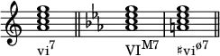 {
\override Score.TimeSignature #'stencil = ##f
\relative c'' {
   \clef treble
   \time 4/4
   \key c \major
   <a c e g>1_\markup { \concat { "vi" \raise #1 \small "7" } } \bar "||"
   \clef treble
   \time 4/4
   \key c \minor
   <aes c es g>1_\markup { \concat { "VI" \raise #1 \small "M7" } }
   <a c es g>_\markup { \concat { "♯vi" \raise #1 \small "ø7" } } \bar "||"
} }