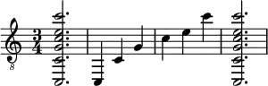 {
\clef "treble_8"
\time 3/4
<c, c g c' e' c''>2.
<c, >4
<c >4
<g  >4
<c' >4
<e' >4
<c'' >4
<c, c g c' e' c''>2.
}