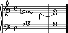 {
      \new PianoStaff <<
        \new Staff <<
            \new Voice \relative c' {
                \clef treble \key c \major \time 4/4
                \voiceOne fis1 g
                }
            \new Voice \relative c' {
                \clef treble \key c \major \time 4/4
                \voiceTwo es2 d2~ d1
                }
            >>
        \new Staff <<
            \relative c' {
                \clef bass \key c \major \time 4/4
                <aes c>1
                <g b> \bar "||"
                }
            >>
    >> }