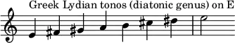 {
\override Score.TimeSignature #'stencil = ##f
\relative c' { 
  \clef treble \time 7/4
  e4^\markup { Greek Lydian tonos (diatonic genus) on E } fis gis a b cis dis e2
} }