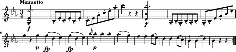 \relative c' {
         \clef "treble" 
         \tempo "Menuetto"
         \key ees \major
         \time 3/4 
         \tempo 4 = 120
     <<{<g ees'>4\f s2 } \\ { \stemUp ees''2.}>>
     bes,8-. ees-. c-. ees-. bes-. ees-.
    \stemDown  c-. ees-. aes-. c-. ees-. aes-.
     c4 r4 r4
     <<{<d,, bes'>4\f s2 } \\ { \stemUp bes''2.}>>
      \stemUp aes,,8-. bes-. g-. bes-. aes-. bes-.
    g-. bes-. ees-. g-. bes-. ees-.
    \stemDown g4 r4 g\p
     g\fp (d es)
     g\fp (d es)
    \grace bes'16 (aes4)-.\p aes-. aes-.
     aes2 (g4)
     f f g8 (ees)
     d4 d ees8 (c)
     bes4-! bes (d)
     bes r4 r4   \bar ":|."
 }