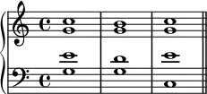 {
      \new PianoStaff <<
        \new Staff <<
            \new Voice \relative c'' {
                \stemUp \clef treble \key c \major \time 4/4
                c1 b c
                }
            \new Voice \relative c'' {
                \stemDown
                g1 g g
                }
            >>
        \new Staff <<
            \new Voice \relative c' {
                \stemUp \clef bass \key c \major \time 4/4
                e1 d e
                }
            \new Voice \relative c' {
                \stemDown
                g1 g c, \bar "||"
                }
            >>
    >> }
