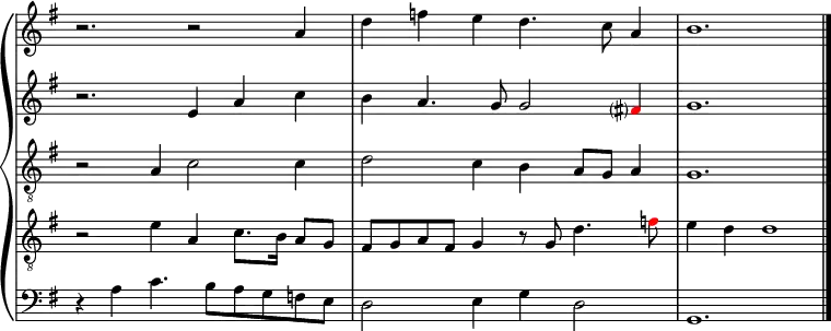 { \new GrandStaff <<
  \new Staff \with {midiInstrument = "reed organ"} \relative c'' { \override Staff.TimeSignature.stencil = ##f \clef treble \key g \major \time 6/4 r2. r2 a4 | d f e d4. c8 a4 | b1. \bar "|." }
  \new Staff \with {midiInstrument = "reed organ"} \relative c' { \override Staff.TimeSignature.stencil = ##f \clef treble \key g \major \time 6/4 r2. e4 a c | b a4. g8 g2 \once \override NoteHead.color = #red fis?4 | g1. }
  \new Staff \with {midiInstrument = "reed organ"} \relative c' { \override Staff.TimeSignature.stencil = ##f \clef "treble_8" \key g \major \time 6/4 r2 a4 c2 c4 | d2 c4 b a8 g a4 | g1. }
  \new Staff \with {midiInstrument = "reed organ"} \relative c' { \override Staff.TimeSignature.stencil = ##f \clef "treble_8" \key g \major \time 6/4 r2 e4 a,4 c8. b16 a8 g | fis g a fis g4 r8 g d'4. \once \override NoteHead.color = #red f8 | e4 d d1 }
   \new Staff \with {midiInstrument = "reed organ"} \relative c' { \override Staff.TimeSignature.stencil = ##f \clef bass \key g \major \time 6/4 r4 a c4. b8 a g f e | d2 e4 g d2 | g,1. }
   >> }